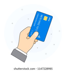 Concept of contactless payment card. Hand holding credit card. Vector illustration, white background.