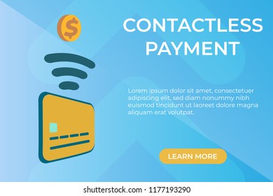 Concept of contactless payment infographics, banner or landing page. Transfer money from card wireless. Isometric image of smartphone and credit card. Flat vector ilustration.