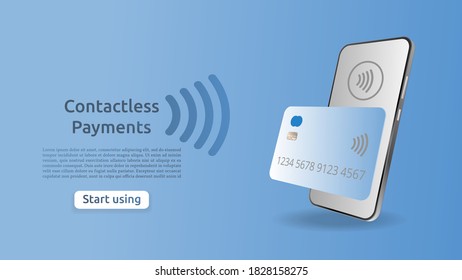 Concept of contactless payments via mobile phone, payment plastic card. Realistic smartphone with NFC technology for remote payments. Vector 3d