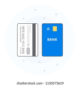 Concept of contactless vertically orientated payment card. Bank card including cardholder name, card number and expiry date, chip. Vector illustration, white background.