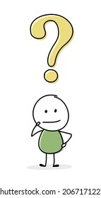 Concepto de contemplar un stickman con icono de signo de interrogación. Vector