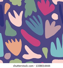 Concept contemporary fabric textile design. Trendy abstact shape seamless pattern. Modern natural colorful shapes or blots.