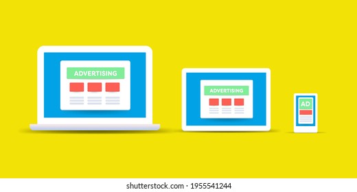 Concept of content advertising, responsive ads, Digital marketing, website marketing - conceptual vector illustration isolated on yellow background