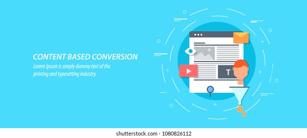 Concept for content based conversion, content marketing funnel flat vector illustration with icons