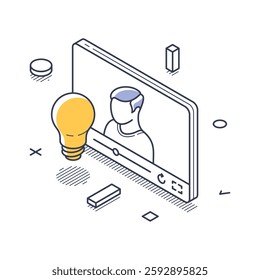 Concept of content creation featuring a figure inside a screen and a light bulb, symbolizing ideas and creativity. This design emphasizes modern digital innovation. Vector illustration