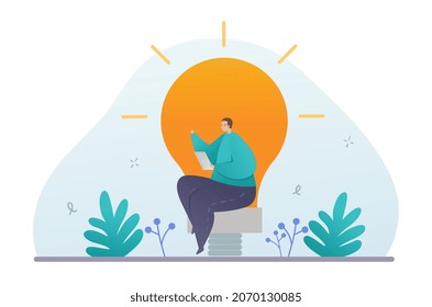 Concept of content creation. Man sits with laptop in his hands against background of light bulb. Idea metaphor, creative collaborator. SMM, freelancer, employee. Cartoon flat vector illustration