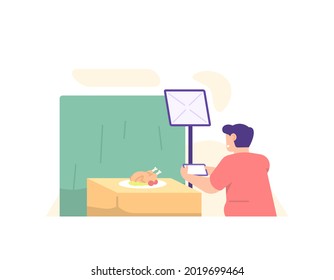 concepto de creador de contenidos, camarógrafo, fotógrafo. ilustración de un trabajador independiente que usa un smartphone para tomar una foto de una comida o un pollo asado. estilo de dibujos animados planos. diseño vectorial