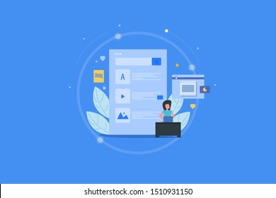 Concept of Content experience, Blogging, Social media, Content marketing Strategy - flat design vector illustration with icons and character