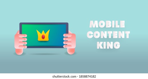El concepto de contenido es "king" concepto en pantalla móvil, marketing de contenido - ilustración vectorial con iconos y textos