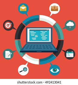 Concept of content management system. System that allows publishing, editing and modifying content, organizing and deleting vector illustration