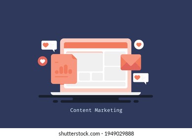 Concepto de marketing de contenidos, marketing digital, publicidad por correo electrónico, medios sociales - ilustración conceptual vectorial con iconos