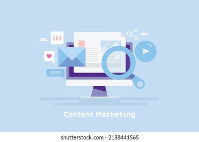 Concept of content marketing strategy, Email marketing, SEO, Digital content for social media - flat design vector illustration with icons