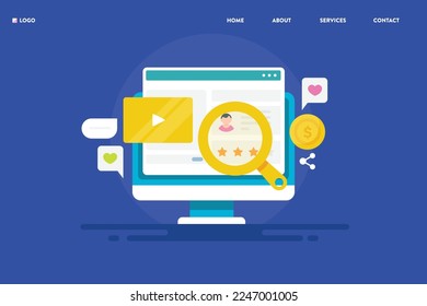 Concept content marketing, video content promotion, social media content creation - vector landing page template with icons