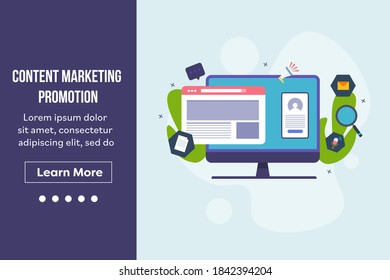 Concept of content marketing, website advertising, Digital content promotion, Marketing strategy - flat design banner with icons and texts