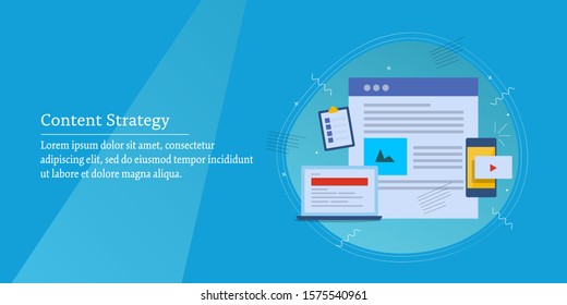 Concept of content strategy, content development, Content marketing, Social media, Video, blogging - flat design vector banner with icons