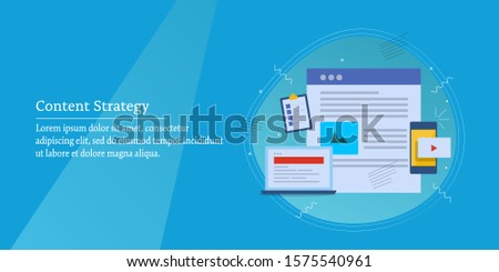 Concept of content strategy, content development, Content marketing, Social media, Video, blogging - flat design vector banner with icons
