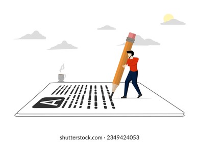 concept of content writer, blogger, bullet journalist or publishing editor, young smart male freelancer holding big pencil thinking and writing content on notepad paper with cup of coffee.