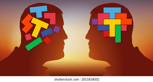 Concept of the contrast of a creative mind and Cartesian reasoning, with two men facing each other, opposing two different brains.