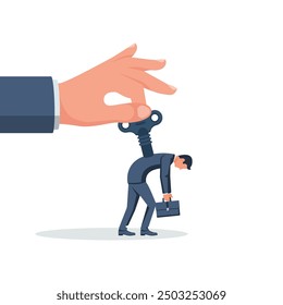 Concept control. Boss motivates and stimulates employee. Hand holds the winding key. Tired worker. Businessman with wind-up key in back. Vector illustration flat design. Isolated on white background.