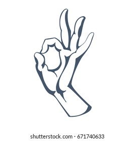 Concept of control and order, calmness, approval, signals yes, ok, everything is good, gesture of assurance. Hand depicts gestures. Illustration sketch of human hands raised up, isolated.