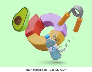 Concept of control of physical health. Training and diet. Color pie chart, water bottle, expander, avocado half. Vector composition of floating 3D objects