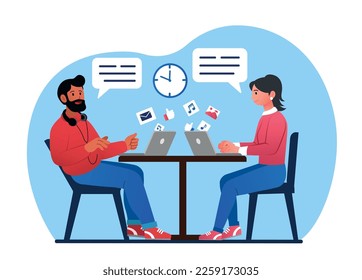 Concept of conversation. Man and woman sitting at table and discussing project, colleagues and workers, friends. Job interview, HR manager and job candidate. Cartoon flat vector illustration