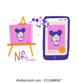 Concept of converting an art work into a unique token. ART to NFT, non-fungible token. Painting is converted into a digital file metaphor. Innovation technology. Vector flat hand drawn illustration.