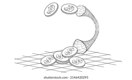 Concepto de convertir Bitcoin a dólares. Esbozar las monedas de BTC y USD transferidas a través del tubo aislado en blanco. Ilustración vectorial.