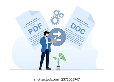 Concept of converting PDF to document file. Convert PDF. PDF converter from jpg, Screen with the conversion process or conversion of documents to other formats. Mobile converter technology.