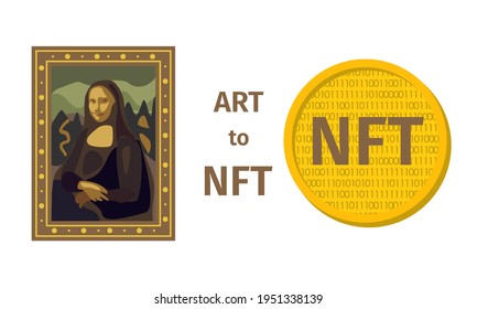 Concept of converting a work of art into a unique token. ART to NFT, non-fungible token. Mona Lisa painting is converted into a digital file. Technology. Coin. Vector