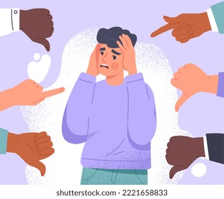 Concept of conviction. Young guy covers his head with his hands and hides from his fingers. Negativity and aggression, bullying and insults. Poster or banner. Cartoon flat vector illustration