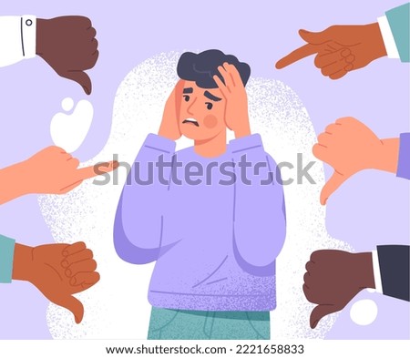 Concept of conviction. Young guy covers his head with his hands and hides from his fingers. Negativity and aggression, bullying and insults. Poster or banner. Cartoon flat vector illustration