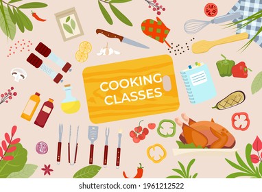 Clases de cocina diseño de pancartas, frase de texto cocina preparación de alimentos con utensilios de cocina ilustración vectorial plana.