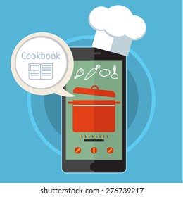 Concept for cooking at home, searching recipes, culinary instructions in internet. Flat design colorful vector illustration
