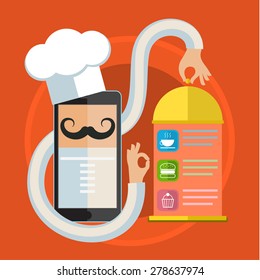 Concept for cooking at home, searching recipes, culinary instructions in internet. Flat design colorful vector illustration