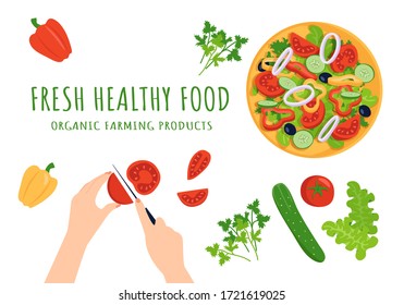 Konzept der Zubereitung von Gemüsesalat mit frischen Agrarprodukten. Bio gesunde Lebensmittel. Tomate, Gurken, Salat, Glockenpfeffer, Petersilie, schwarze Oliven. Vegetarisches, veganisches Essen. Cartoon-Vektorgrafik 