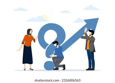 concept of cooperation or collaboration in company to achieve teamwork to solve business problem, success, businessman and woman, coworker help put solution arrow on question mark problem sign
