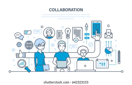 The concept of cooperation, collaboration, partnerships, teamwork, sales, marketing and integrated approach to discussion of issues and common issues. Illustration thin line design of vector doodles