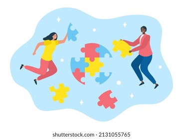 Concept of cooperation. Man and girl from puzzles collect globe. Creativity, partnership. Brainstorming colleagues, company development. International organization. Cartoon flat vector illustration