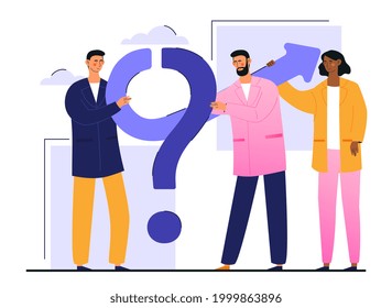 The concept of cooperation to solve problems and issues. Men and women together turn a question mark into a vector of development. Modern cartoon vector flat illustration