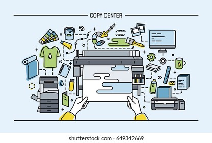 Concept Of Copy Center, Print Shop, Publishing. Horizontal Banner With Printer, Monitor,  Scanner, Different Equipment. Colorful Vector Illustration In Lineart Style.