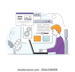 Concept of copy optimization. Man increases page loading speed. Copywriter inserts keywords into article, character writes tags for images and other website elements. Cartoon flat vector illustration