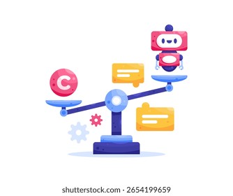 El concepto de Derechos de autor y las regulaciones de IA. Políticas y regulaciones de inteligencia artificial. Leyes sobre tecnología de IA. Ilustración de un robot lindo en una escala. Justicia. Estilo de diseño plano. Elemento de activo