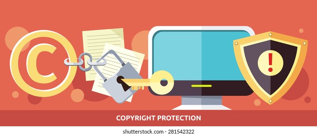 Concept Of Copyright Protection Of Intellectual Property And Data In Internet And Violation Of The Law. Law Illustration, Key In The Keyhole, Computer. For Web Banners, Promotion, Presentation 