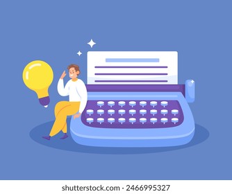 concept copywriter. Article writer, blogger, journalist, content creator. creative workers. A man sits on a typewriter. get ideas or inspiration for written works. illustration concept design. graphic