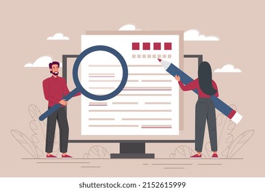 Concept of copywriter. Man with magnifying glass and girl with pencil edit article. Editors check content, promotion of companys websites on Internet, digital world. Cartoon flat vector illustration