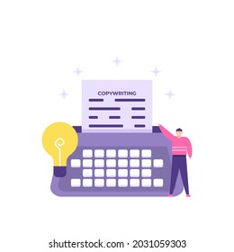 concept of copywriter, writer, journalist, blogger. illustration of people, typewriter, pencil, lamp and paper. copywriting. creator content. jobs and professions. flat cartoon style. vector design