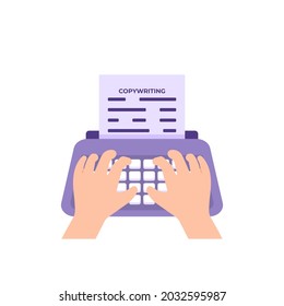 concept of copywriter, writer, journalist, blogger. illustration of a hand typing on a typewriter or using a typewriter. copywriting. content creators. jobs and professions. flat cartoon style. vector