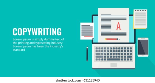 Concept for Copywriting, content development, freelance, blog post flat vector banner isolated on green background