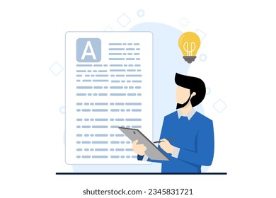 Concept of copywriting, journalism, writing, copyright idea. Successful people with pencil writing or text editing. Vector illustration in flat design on white background.